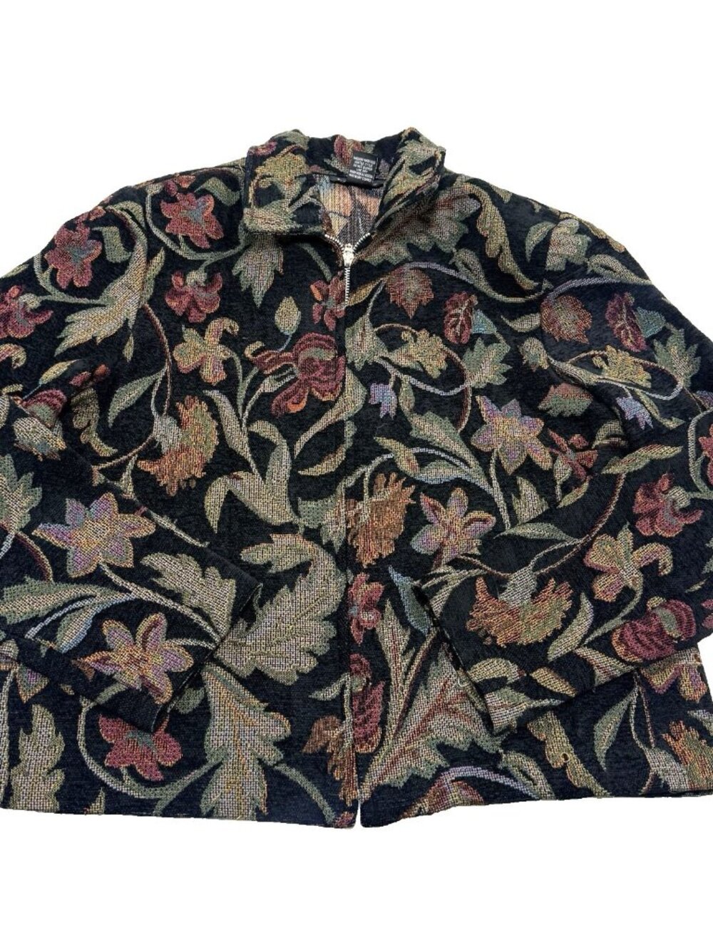 Women's Vintage PORTRAIT Black Floral Tapestry Jacket Medium Zipper Shoulder Pad